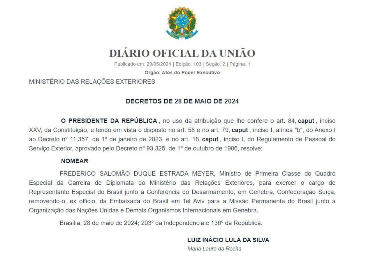 Lula retira definitivamente al Embajador brasileño de Israel para asumir la representación de Brasil en la Conferencia de Desarmamento de la ONU, en Ginebra - Suiza.