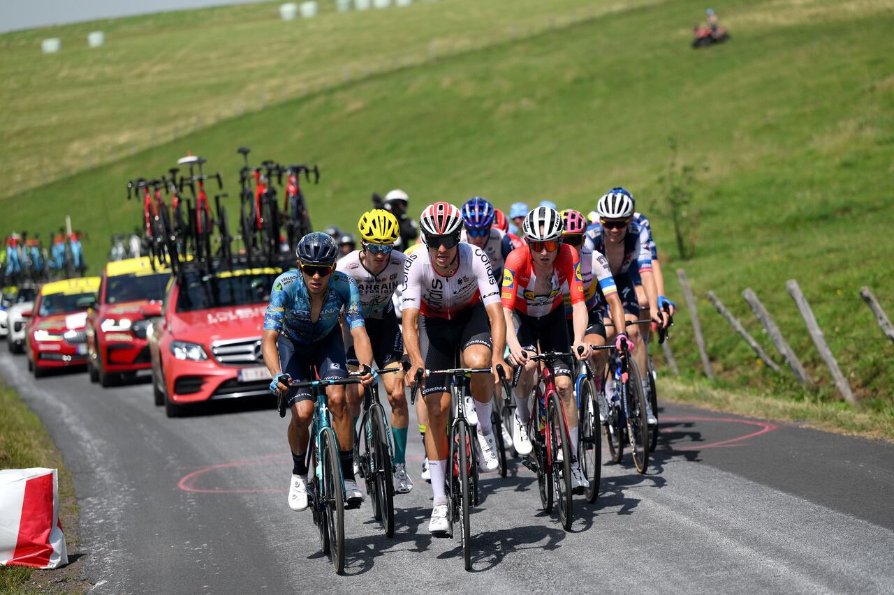 ISSOIRE, FRANCE - JULY 11: (L-R) Harold Tejada of Colombia and Astana Qazaqstan Team, Pello Bilbao of Spain and Team Bahrain Victorious, Anthony Perez of France and Team Cofidis, Mattias Skjelmose Jensen of Denmark and Team Lidl-Trek compete in the breakaway during the stage ten of the 110th Tour de France 2023 a 167.2km stage from Vulcania to Issoire / #UCIWT / on July 11, 2023 in Issoire, France. (Photo by David Ramos/Getty Images)